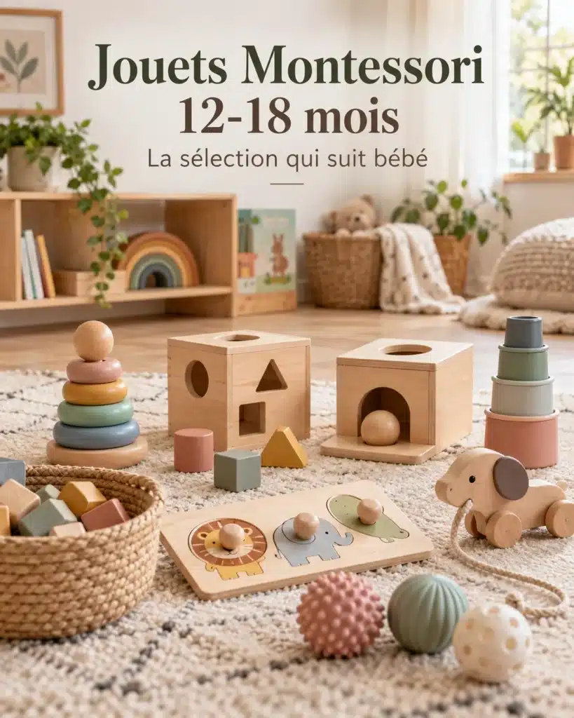 Jouets Montessori 12-18 mois en bois : tour d’anneaux, boîte à formes, boîte de permanence, gobelets empilables, puzzle à boutons, chariot à tirer et balles sensorielles